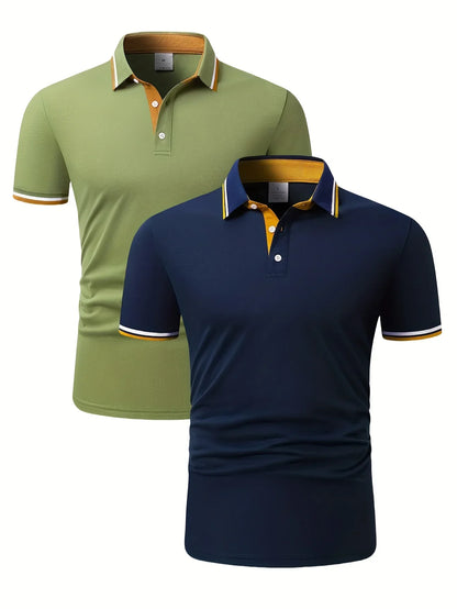2pcs Men's Short-Sleeve Shirts with Contrast Collars - Lightweight Polyester, Pastel Blue & Pink, Turn- Collar, Button Closure,