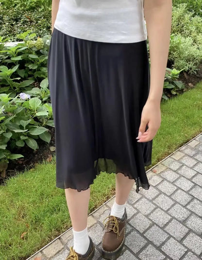 Vintage Black Chiffon Fungus Hem Mini Skirts Women Summer New Casual Preppy Style A-line Short Faldas Female Sweet Elegant Skirt