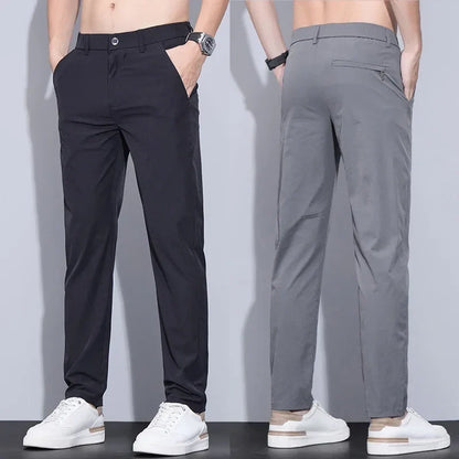 Men's Ice Silk Trousers Solid Color Korean Loose Breathable Straight-Leg Casual Pants Thin Quick-Drying Sports With Pockets