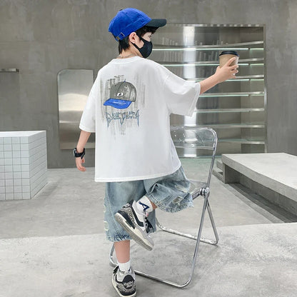 2025 New Summer Clothing Set for Kids Boy Luxury Summer Suit Children Cotton T-shirt And Denim Shorts 2 Pieces Tracksuit Outfit