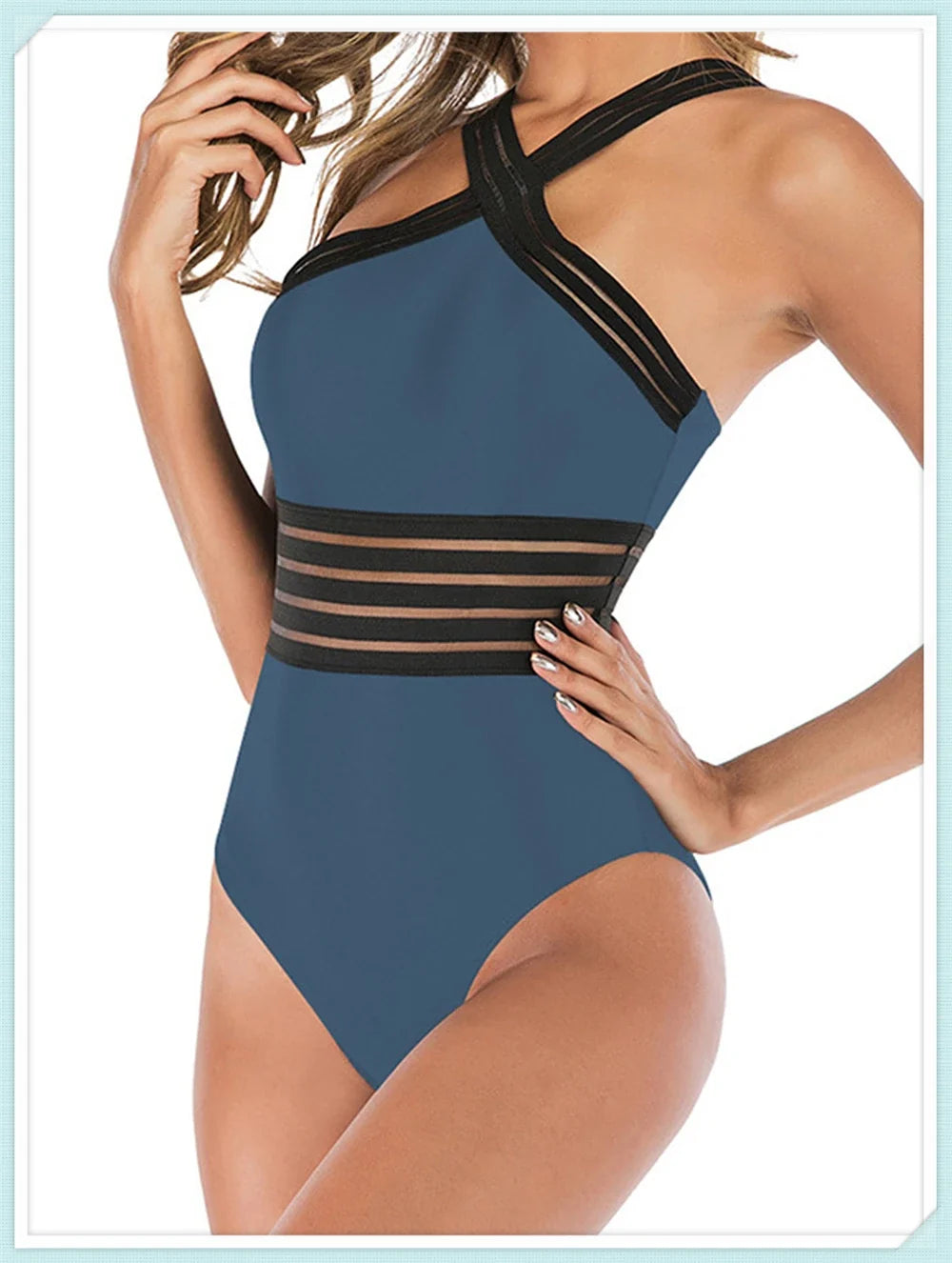 Solid Mesh Tape Swimsuit 2026 One Piece Sexy High Neck Swimwear Women Cross Front Bathing Suit Female Padded Beachwear Bodysuit