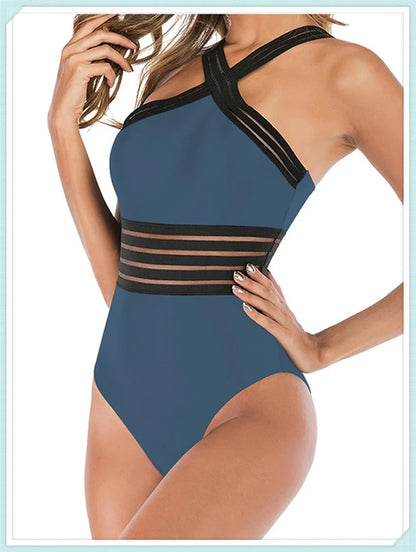 Solid Mesh Tape Swimsuit 2026 One Piece Sexy High Neck Swimwear Women Cross Front Bathing Suit Female Padded Beachwear Bodysuit