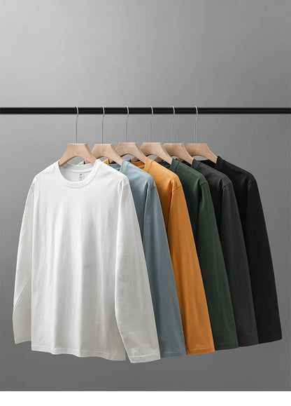 Men's 260G Long Sleeve T Shirts 2025 Spring Pure Cotton Solid Color Basic Crew-Neck Undershirt Men's Loose Tops 11 Color