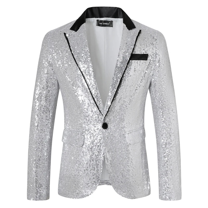 New Men Luxury Sequin Suit One Button Jacket Red / Black Fashion Singer Host Wedding Prom Party Stage Performance Dress Blazer