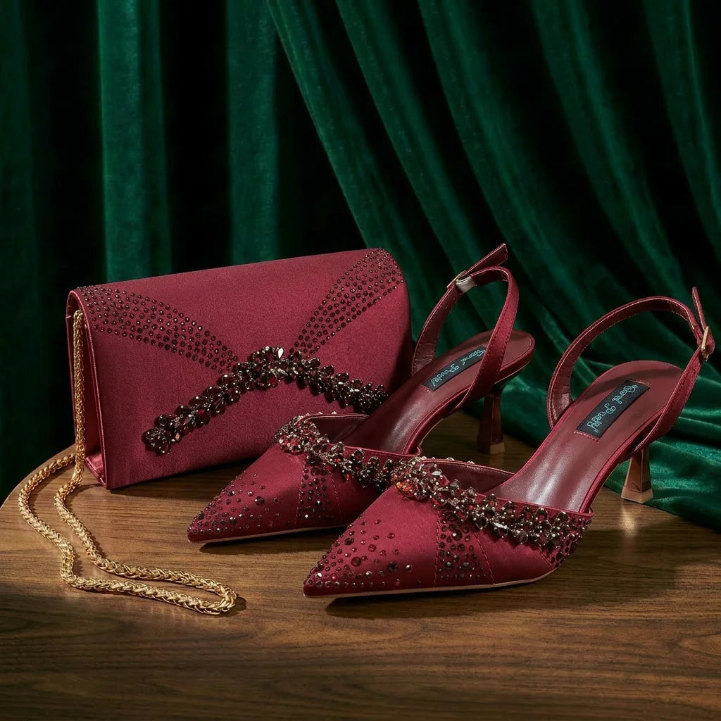 2026 Italian Inspired Gold Rhinestone HAND CRAFTED UPPER Pointed Toe Women High Heels Shoes and Bag Set Elegant Party Shoes