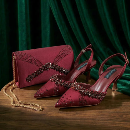 2026 Italian Inspired Gold Rhinestone HAND CRAFTED UPPER Pointed Toe Women High Heels Shoes and Bag Set Elegant Party Shoes