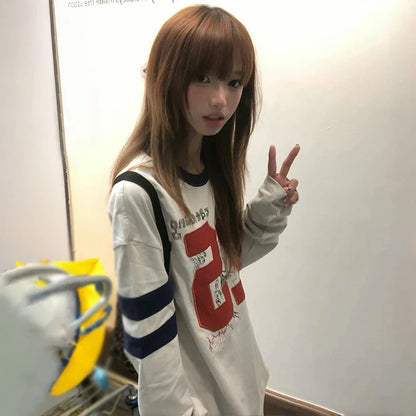 Karrram Japanese Y2k Number Print T-shirt 2000s Aesthetics Long Sleeve Jersey Tops Vintage Harajuku Streetwear American Retro
