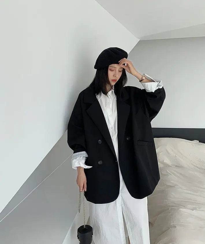Oversize Blazers Women Long Sleeve Black Suit Streetwear Korean Chic Loose Jacket Spring Autumn Coat Double-breasted Tweed New