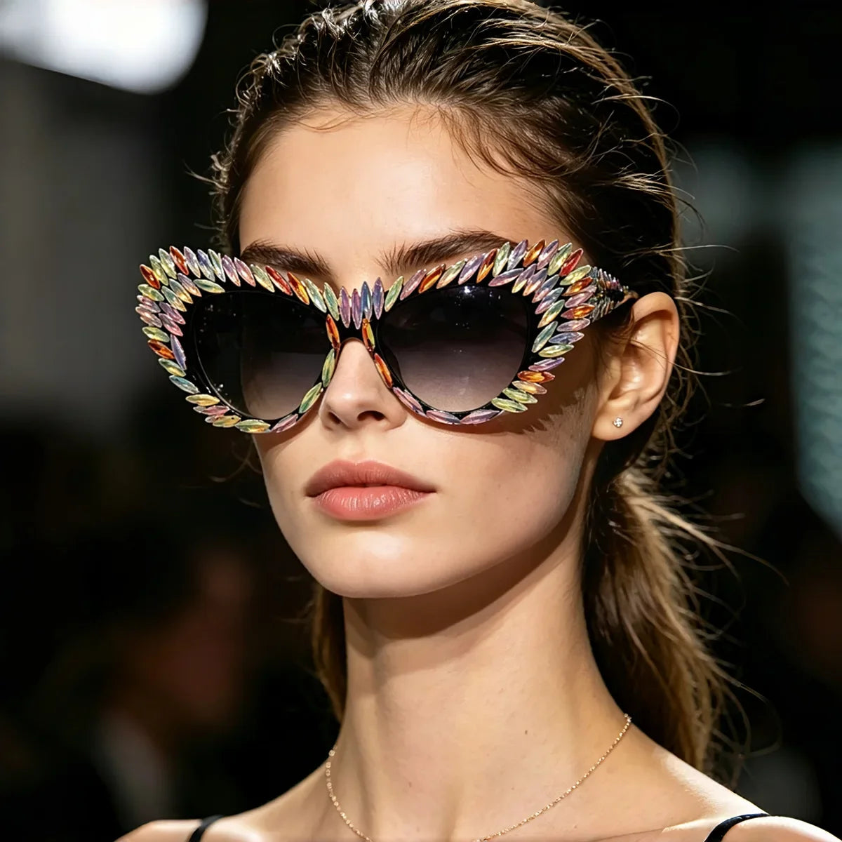 Retro Y2K Oversized Cat Eye Sunglasses for Women Rhinestone Gold Spike Gradient UV400 Punk Nightclub Party Festival Eyewear