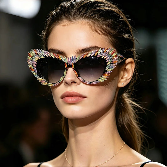 Retro Y2K Oversized Cat Eye Sunglasses for Women Rhinestone Gold Spike Gradient UV400 Punk Nightclub Party Festival Eyewear