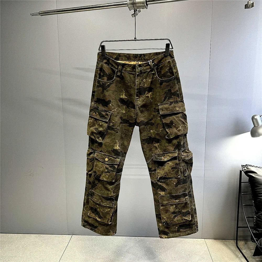 High Quality Vintage Multi-Pocket Camo Cargo Pants Mens Clothing High-End Fabric Tactical Baggy Pants Thick Casual Work Trousers