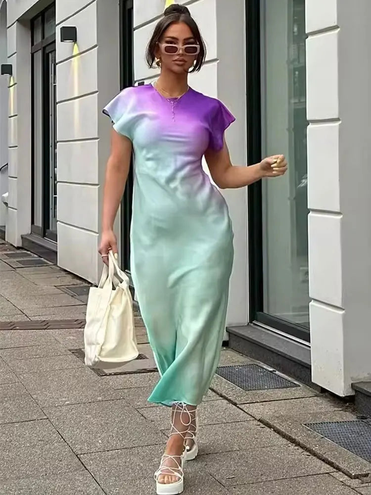 Women's Fashion Print Short Sleeve Dress Vintage Tie Dye O-Neck Midi Dresses Spring