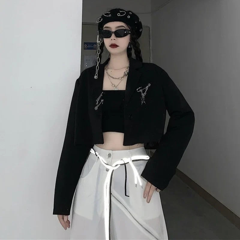 Autumn Women's Black Cropped Blazers Y2K Chic Metal Chain Design Suit Jacket Korean Hipsters Streetwear Loose Short Coat Woman