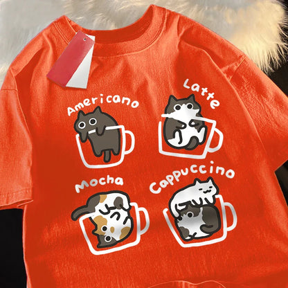Cat Coffee Pure Cotton Trendy Summer Loose Short Sleeved T-shirt Men Women Original Mocha Latte Cat Three Flowers Fun Cat Tees