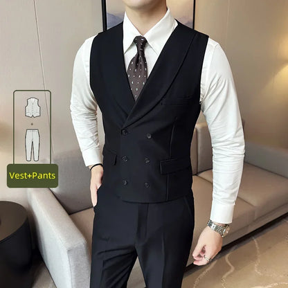 Men Luxury Double Breasted Design Solid Vest Formal Groom Wedding Dress Suit Vest Set Fashion Mens Club Singer Clothing 6XL-M
