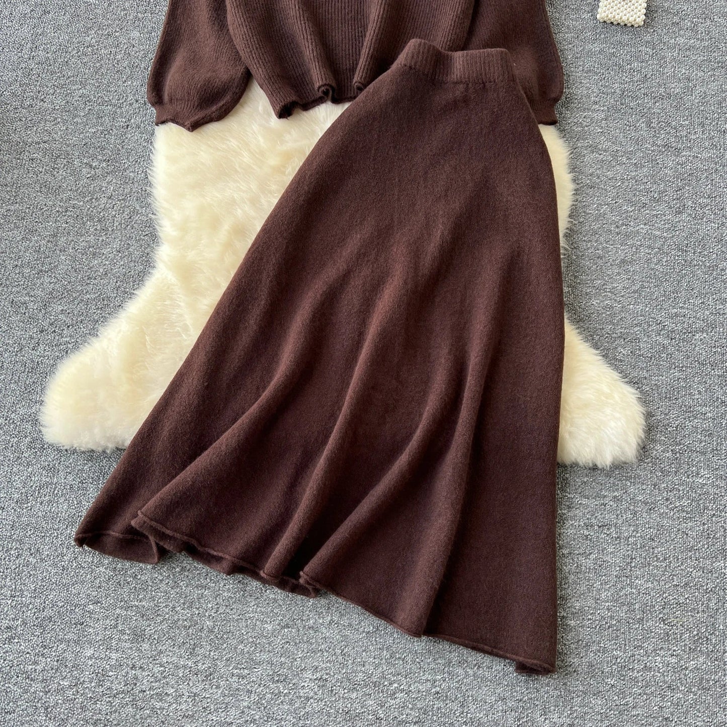 Autumn Casual Two Pieces Sets Women O-Neck Loose Knitting Top+Elastic Waist Large Swing Skirt Basic Korean Winter Sets