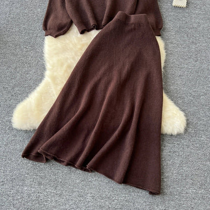Autumn Casual Two Pieces Sets Women O-Neck Loose Knitting Top+Elastic Waist Large Swing Skirt Basic Korean Winter Sets