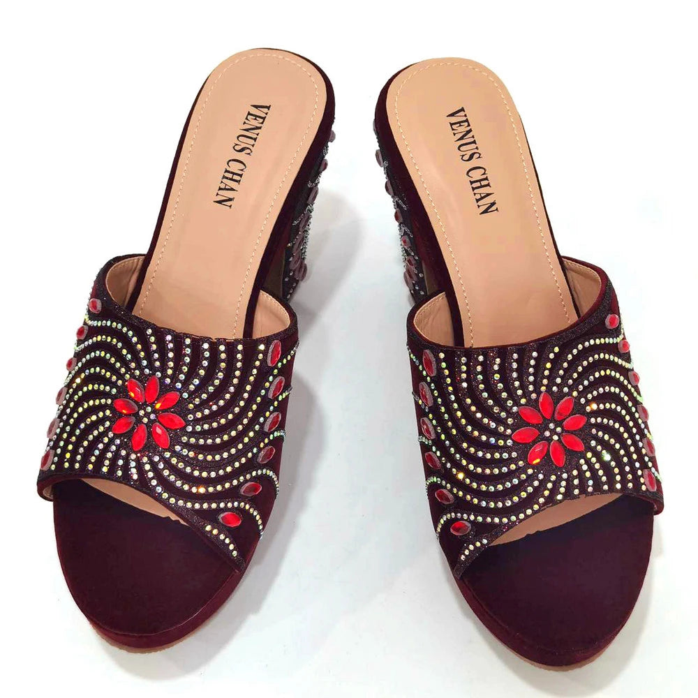 2023 The Latest Italian Design Rotary Rhine-Diamond Floral Thick Heel Platform Women's Comfortable Shoes Bag and Shoe Set