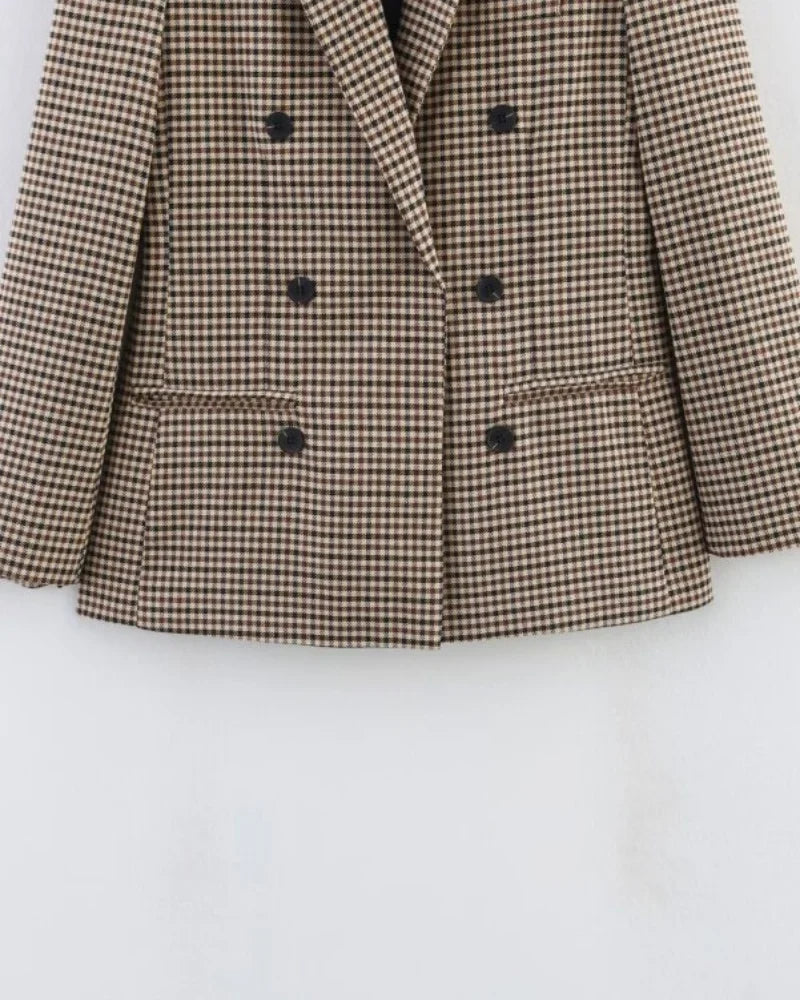 Women's Plaid Blazer Spring Casual Double Breasted Suit Jacket Office Work Daily Outwear Two Colors