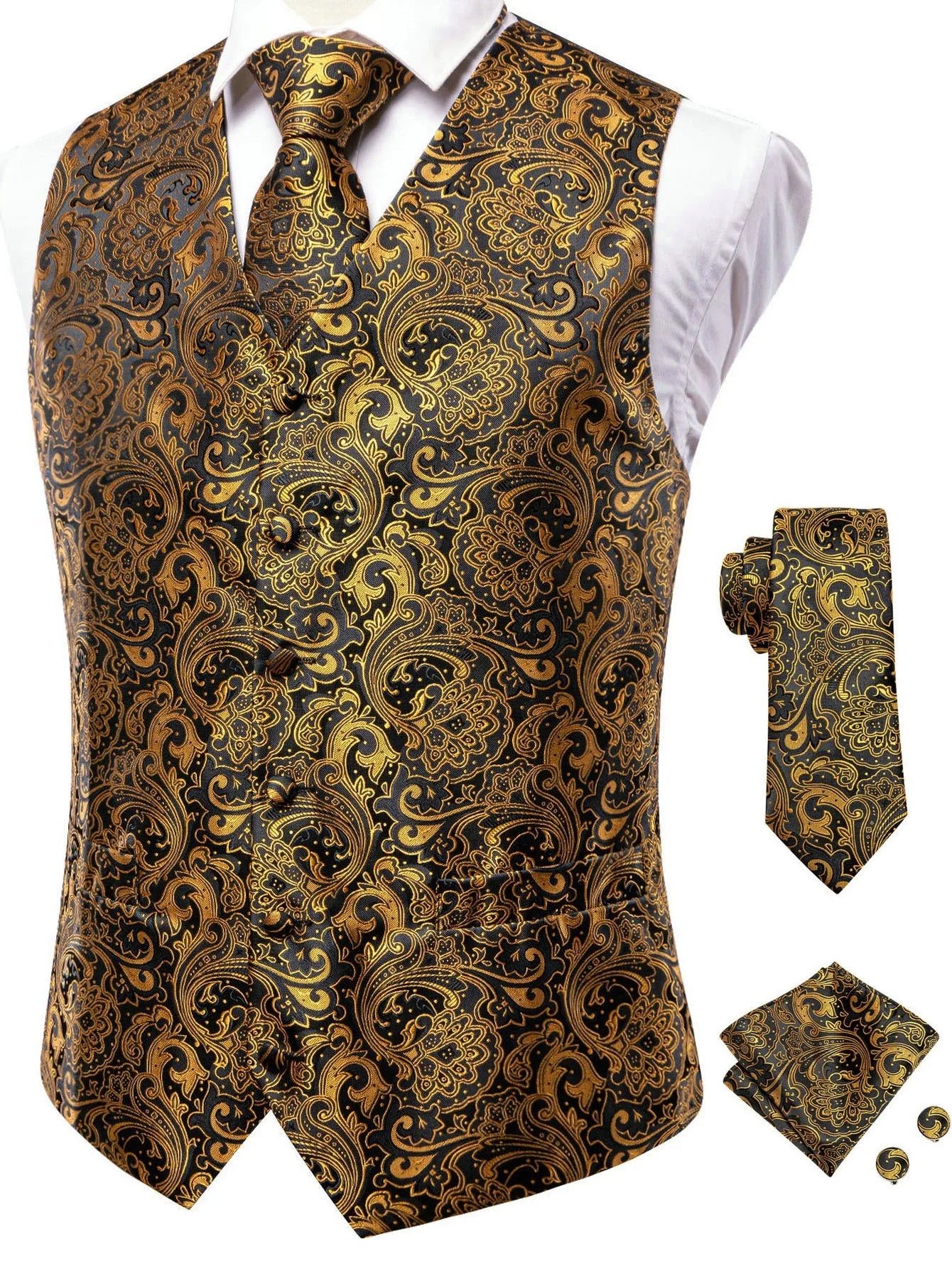 Formal Rose Pattern Paisley Plain Solid Mens Vest Party Wedding Waistcoat Pocket Square Tie  Hankie Suit Set