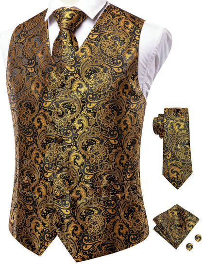 Formal Rose Pattern Paisley Plain Solid Mens Vest Party Wedding Waistcoat Pocket Square Tie  Hankie Suit Set