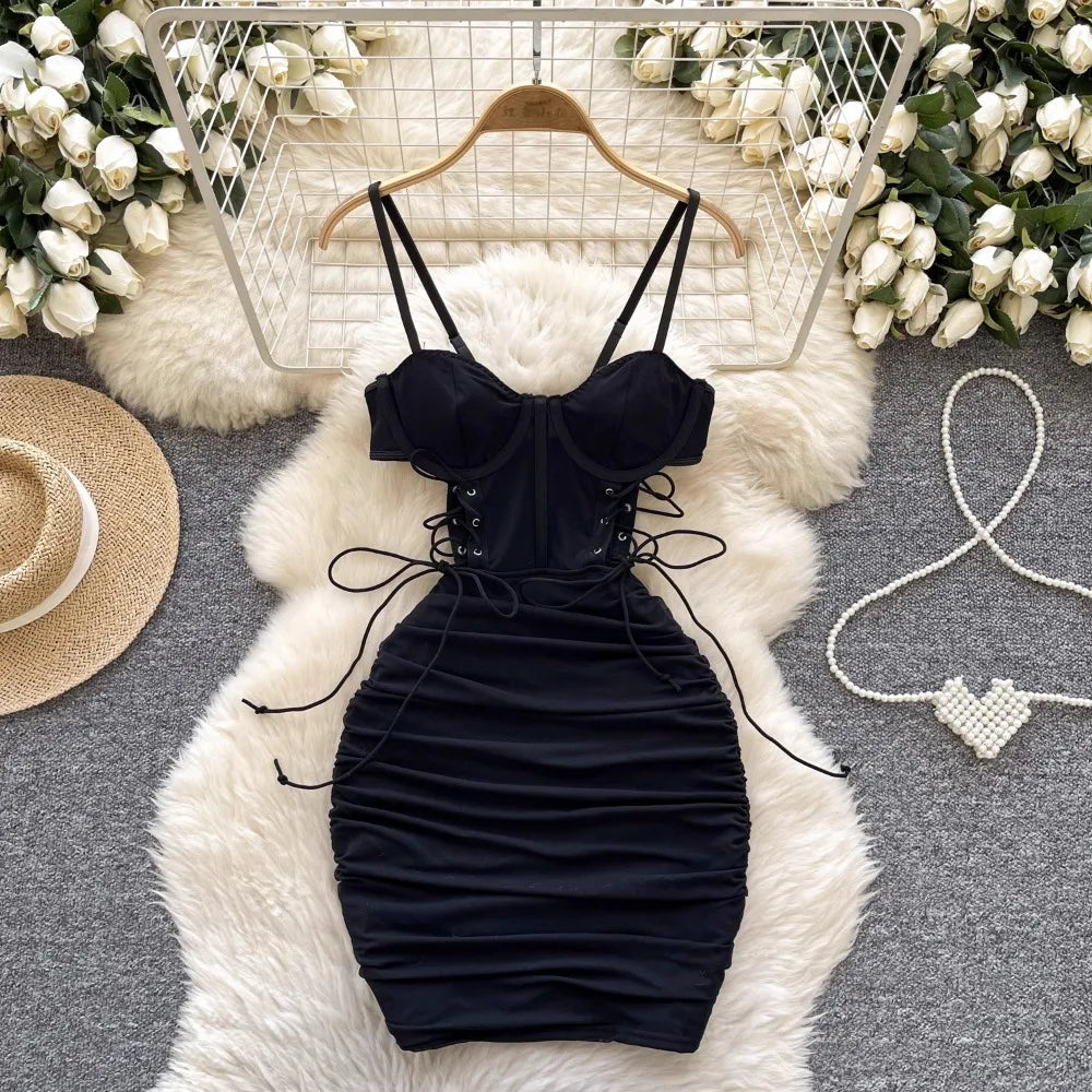 Ins Sexy Hollow Out Sling Dress with Exposed Waist Bandage Pleated Slim Fit Bodyocn Girl's Photo Date Short Dress