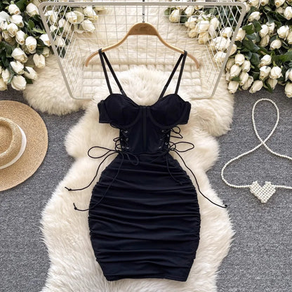 Ins Sexy Hollow Out Sling Dress with Exposed Waist Bandage Pleated Slim Fit Bodyocn Girl's Photo Date Short Dress