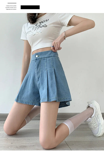 2024 Summer Plus Size Denim Shorts For Women High Elastic Waist Blue Or Sky Blue Pleated Mini Large Size Short Femme