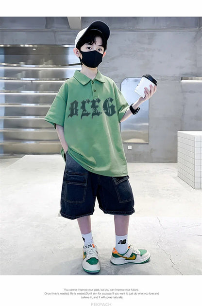Korean Kids Boy Suit Summer Set Fashion Teenager Child Clothes Set Cotton Polo Shirt + Shorts 2pcs Outfits Tracksuit Costume