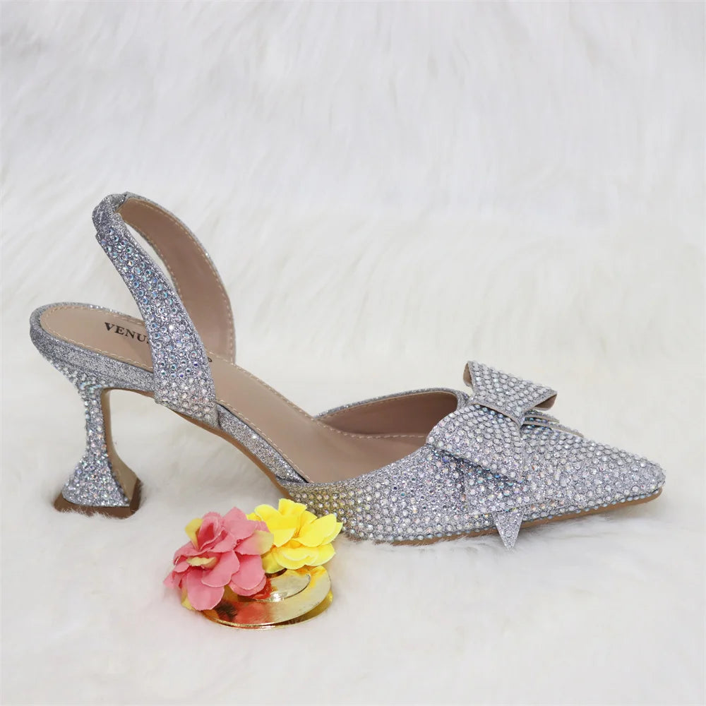 New Silver Simple And Comfortable Streamlined Pointed Shoes Fashionable And Versatile Party Ladies Shoes And Bag Set