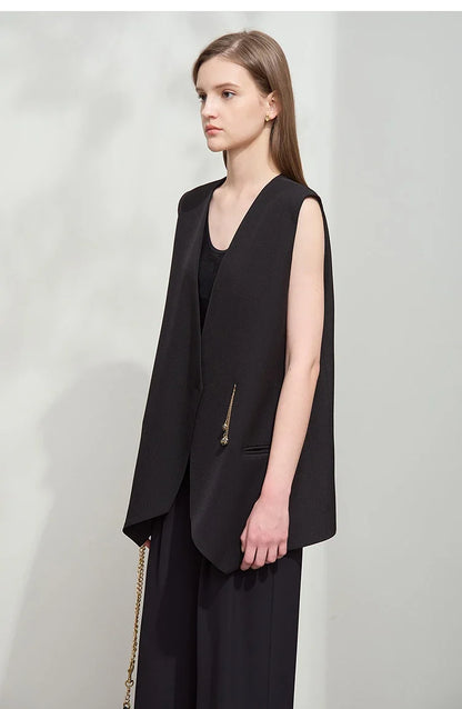 Minimalism England Style Vest Women 2025 Autumn New Gentle Commuter Versatile Sleeveless Loose Mid-Length Vest 12521012