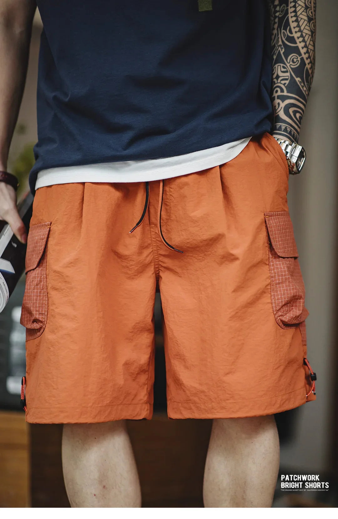 Summer Men Straight Shorts Orange Patchwork Gingham Loose Beach Pants Plus Size Shorts Elastic Waist Light Breathable
