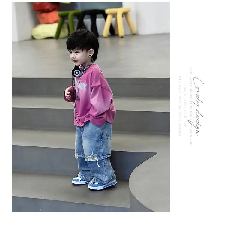 2pcs Set Children's Clothing 2026 Boy Spring Autumn New Korean Version Pink Gradient Base Shirt Fashion Personalized Denim Pants