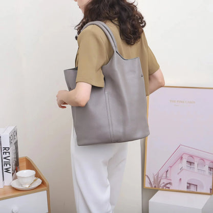 Genuine Grade Leather Women Commuter Tote Bag Ladies Soft Cowhide Tote Shoulder Handbag Large Female Bucket Bag Luxury Designer