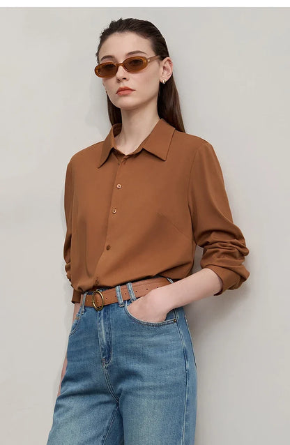 Women's Shirt 2025 Autumn New Minimalist Solid Knitted Ladies Tops Versatile Long Sleeve Straight Women's Blouse 12553101