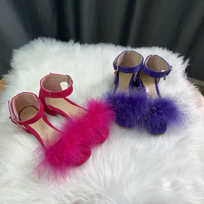 Toddler Girls Sandals Summer Low-heels Children's Sandals Open-toe Princess Fluffy New Versatile Kids Fashion Ankle-strap Shoes