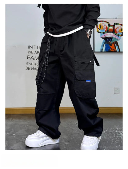 American Premium Cargo Pants Mens Pleated Baggy Multi Pocket Streetwear Oversized Straight Leg Casual Spring Fall Trendy Male