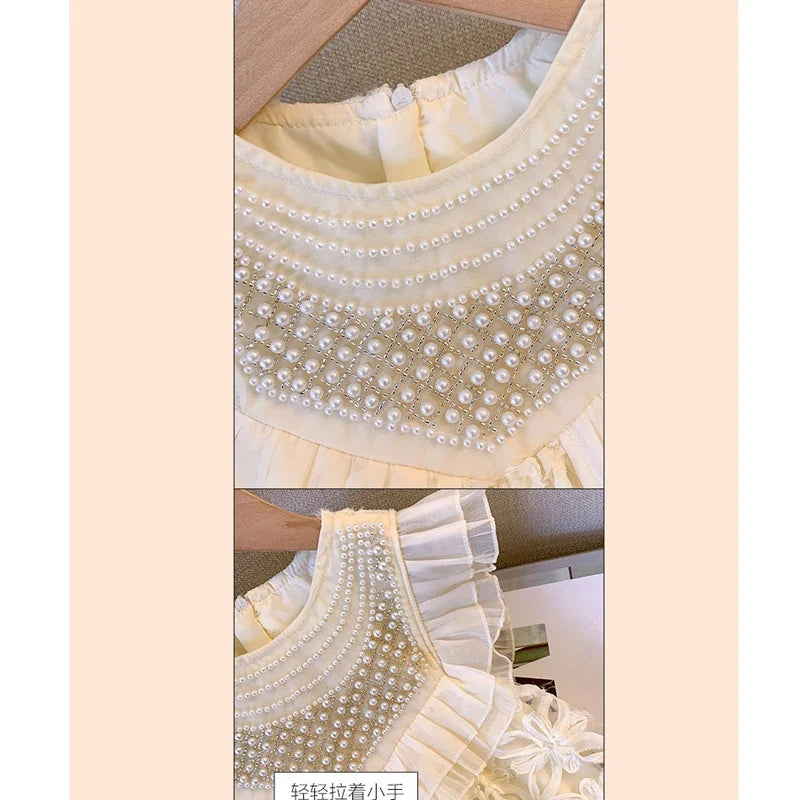 Lace Pearl Decoration Dress Girls Prom Tutu Dress Sleeveless Teen Kids Princess Dress Summer Party Lolita Dress For 2-10 Years