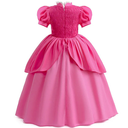 Princess Peach Style Dress Up Costume Set for Little Girls Birthday Carnival Party Role Play Outfit Kids 2-8Y Birthday Gifts