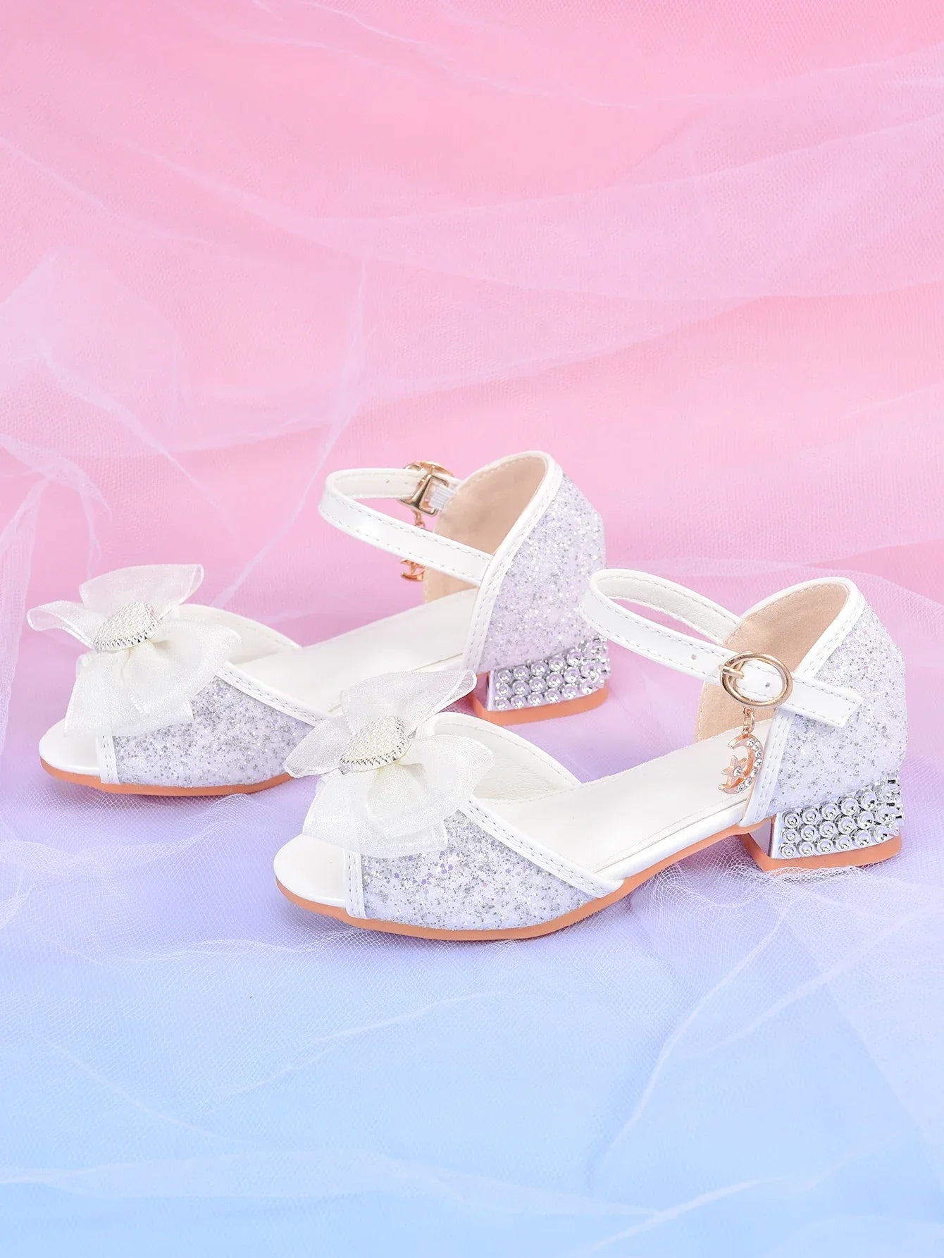Girls' Crystal Heel Bowknot Dress Sandals, White Sparkly Princess Party Shoes For Children