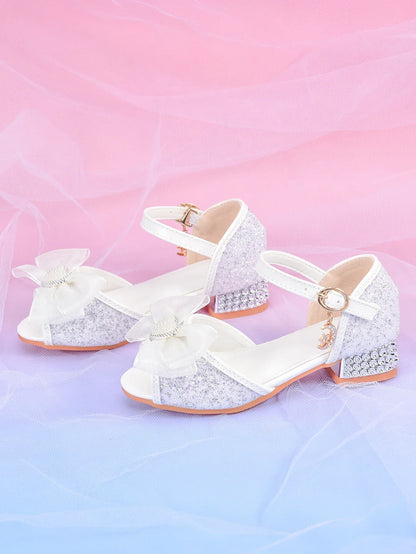 Girls' Crystal Heel Bowknot Dress Sandals, White Sparkly Princess Party Shoes For Children