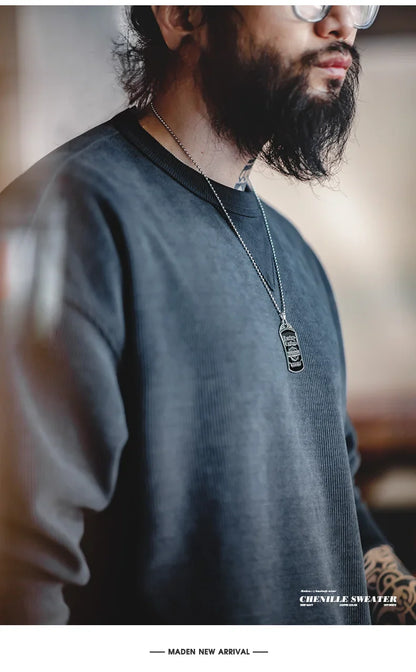 Heavyweight Round Collar Chenille Sweater for Men Spring and Autumn Basic Styles Long-sleeved Pullover Navy Blue T-shirts