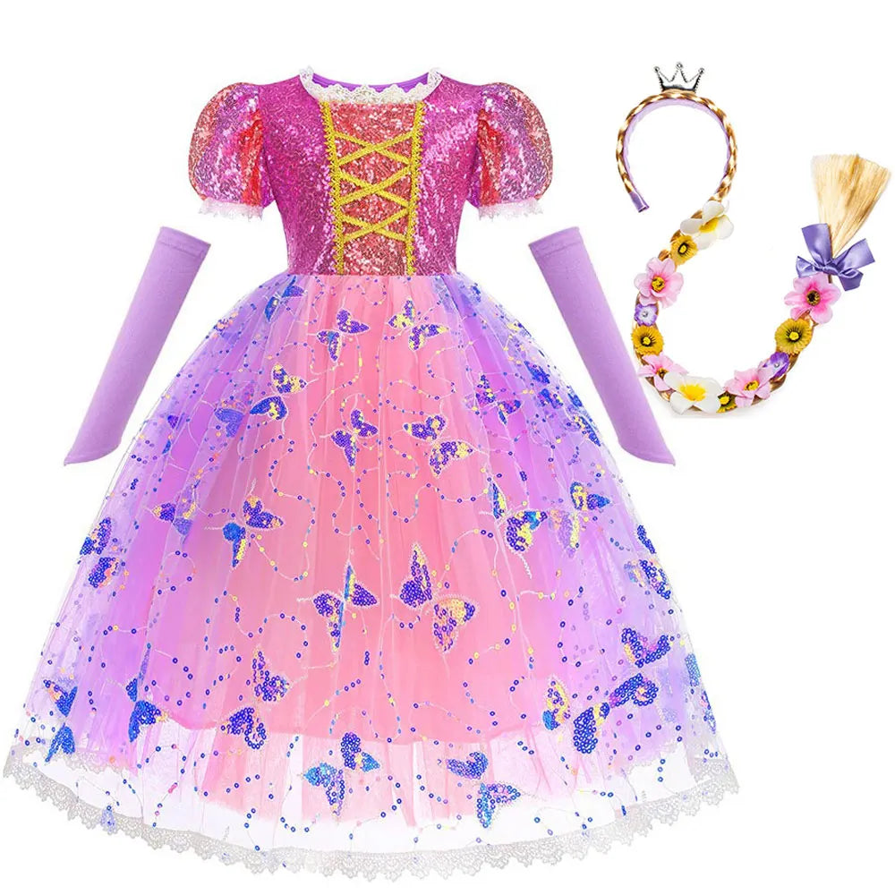 Rapunzel Short Sleeve Purple Puffy Dress + Accessories Girls Cosplay Rapunzel Summer Casual Dress Birthday Party Gift