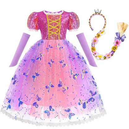 Rapunzel Short Sleeve Purple Puffy Dress + Accessories Girls Cosplay Rapunzel Summer Casual Dress Birthday Party Gift