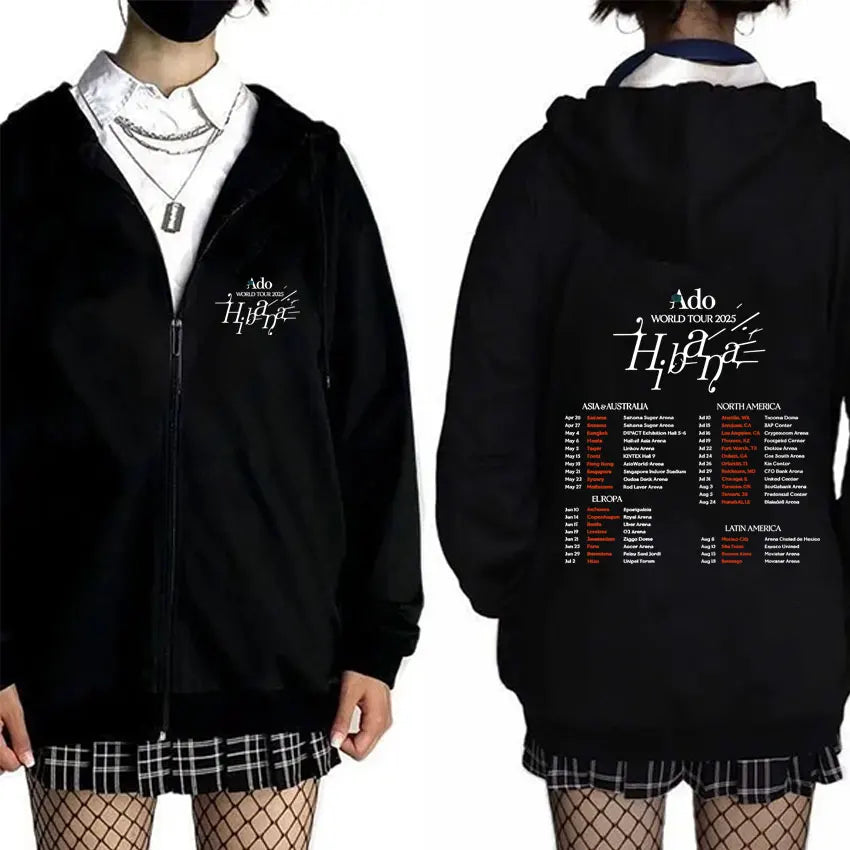 Ado World Tour 2025 Hibana Zipper Hoodie Men Women Clothing Fashion Japanese Style Streetwear Unisex Casual Fleece Zip Up Jacket