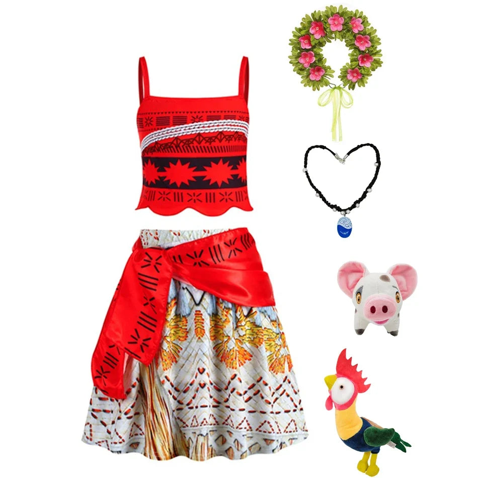 Moana Dress Kids Girls Children Cosplay Princess Birthday Carnival Party Costume with Necklace Flower Set Summer