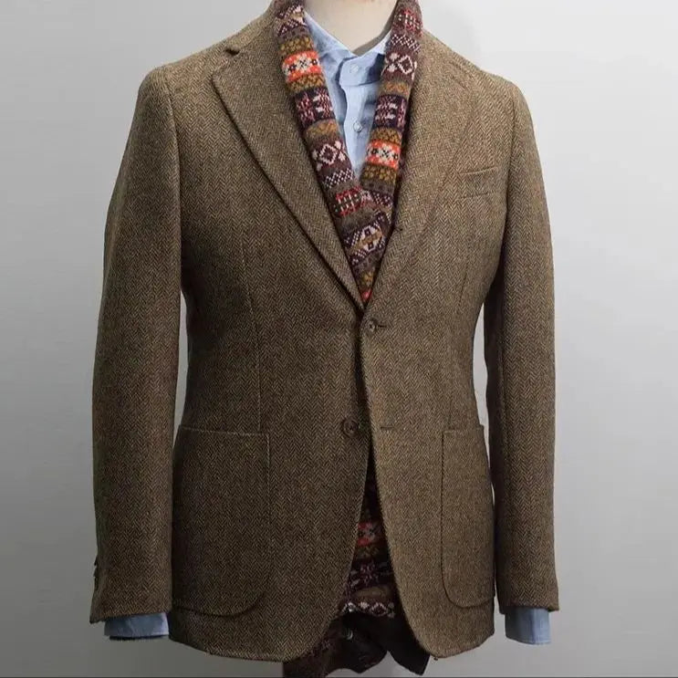 Uncle Nick's Wooster-Style Suit, Autumn and Winter Vintage Tweed Wool Herringbone Pattern Men's Blazer Suit
