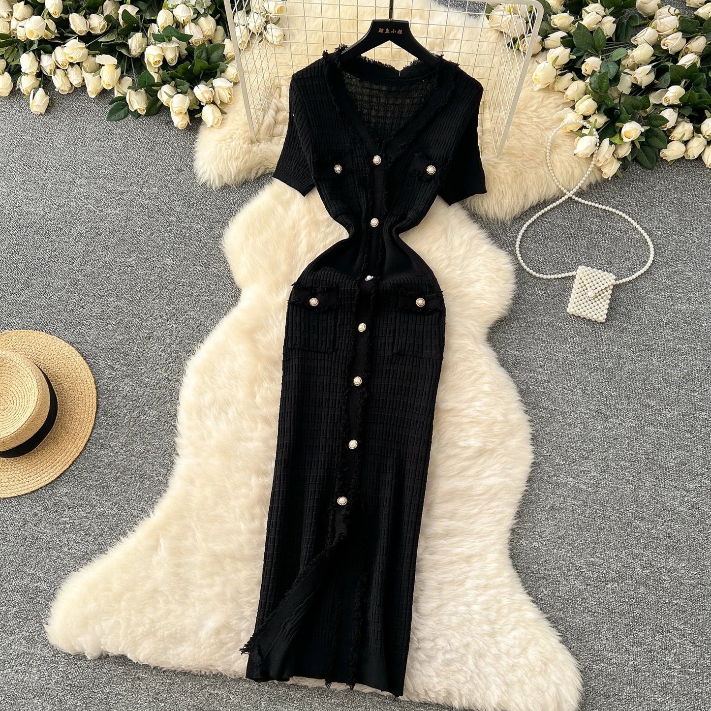 High Quality Elastic Knitted Long Sundress Women Short Sleeves Button Design Office Lady Vintage Split Slim Dress
