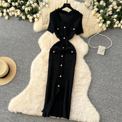 High Quality Elastic Knitted Long Sundress Women Short Sleeves Button Design Office Lady Vintage Split Slim Dress