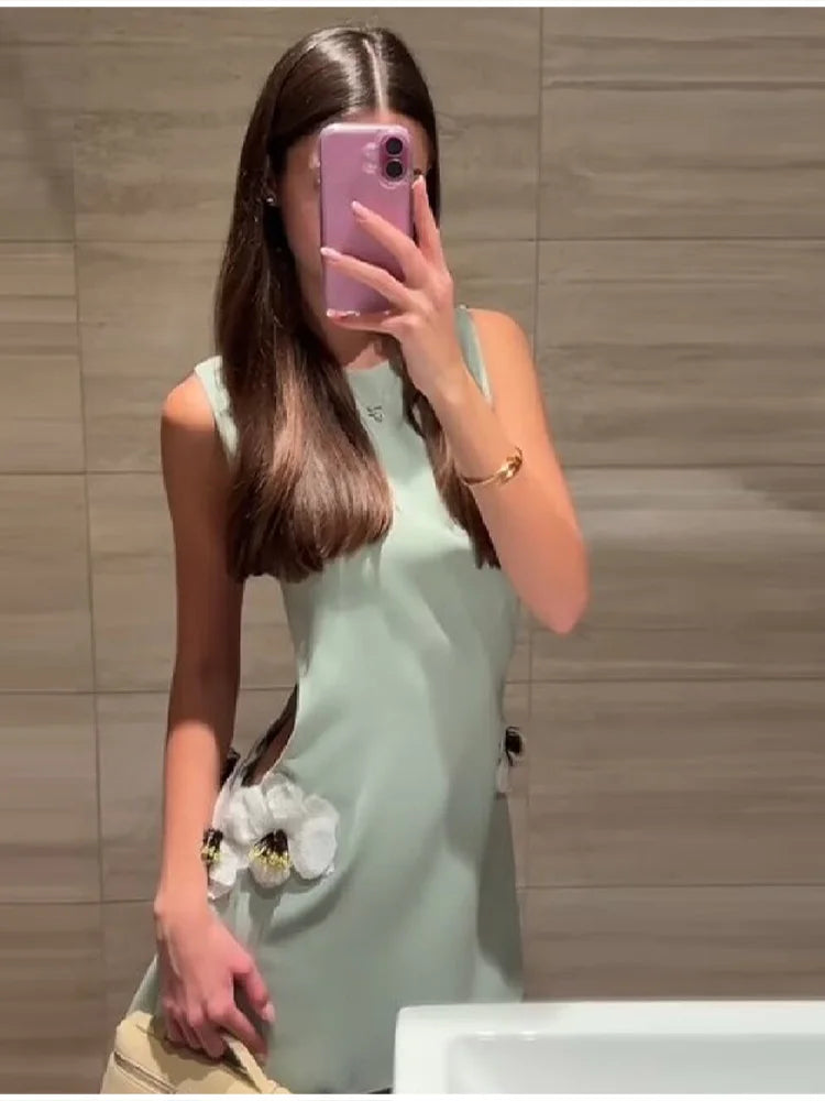 Women's Round Neck Solid Sleeveless Dress Sexy Waist Side Cut-outs Slim Mini Skirt Female New Date Commuter Party Clothes